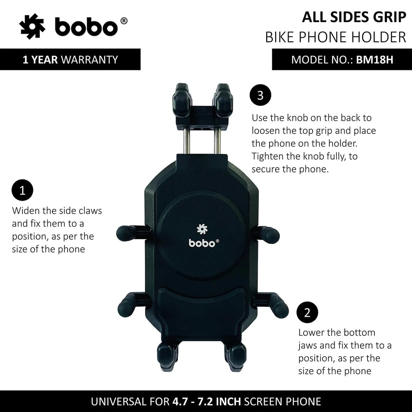 BOBO BM18 ANTI-VIBRATION BIKE PHONE HOLDER (WITH FAST 15W WIRELESS CHARGER & USB-C CHARGING MODULE) MOTORCYCLE MOBILE MOUNT
