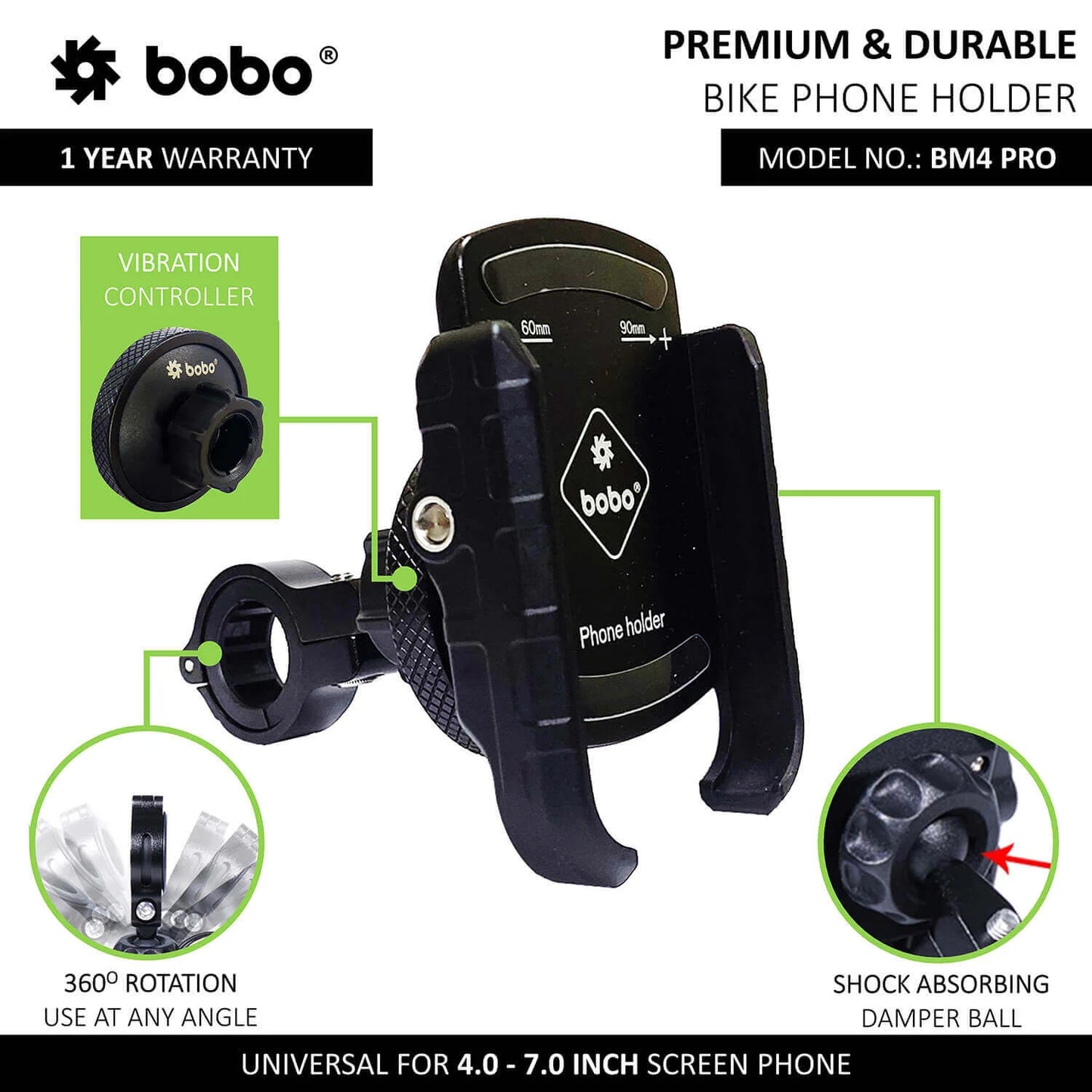 BOBO BM4 PRO JAW-GRIP BIKE PHONE HOLDER WITH VIBRATION CONTROLLER MOTORCYCLE MOBILE MOUNT
