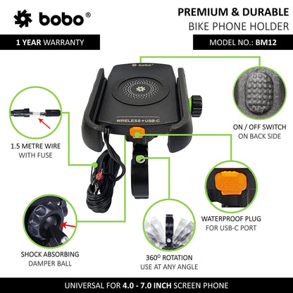 BOBO BM12 BIKE PHONE HOLDER WITH FAST 15W WIRELESS CHARGER & USB-C MOTORCYCLE MOBILE MOUNT