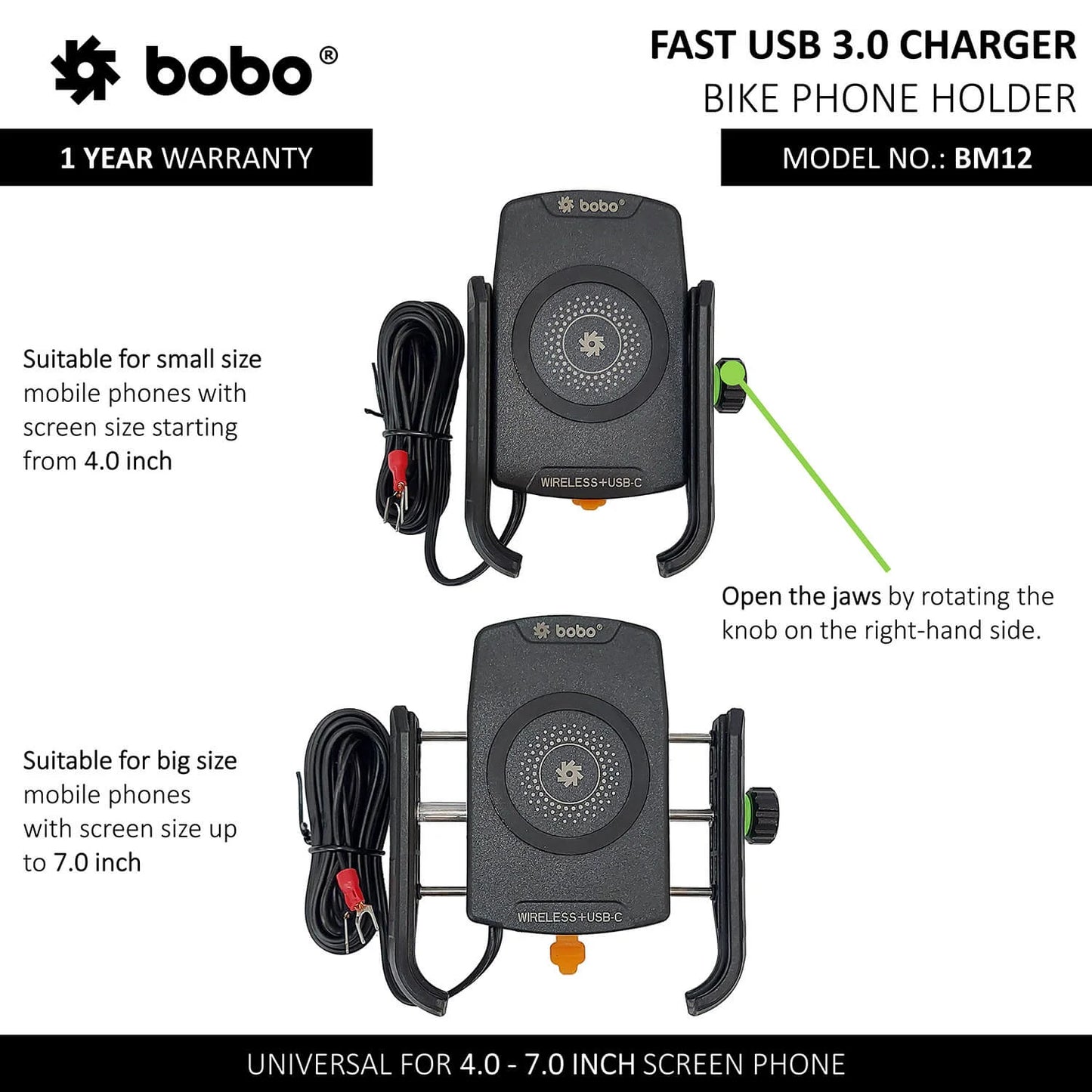 BOBO BM12 BIKE PHONE HOLDER WITH FAST 15W WIRELESS CHARGER & USB-C MOTORCYCLE MOBILE MOUNT