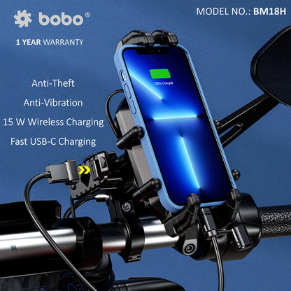 BOBO BM18 ANTI-VIBRATION BIKE PHONE HOLDER (WITH FAST 15W WIRELESS CHARGER & USB-C CHARGING MODULE) MOTORCYCLE MOBILE MOUNT