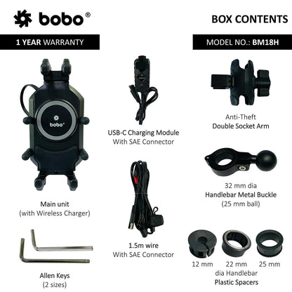 BOBO BM18 ANTI-VIBRATION BIKE PHONE HOLDER (WITH FAST 15W WIRELESS CHARGER & USB-C CHARGING MODULE) MOTORCYCLE MOBILE MOUNT