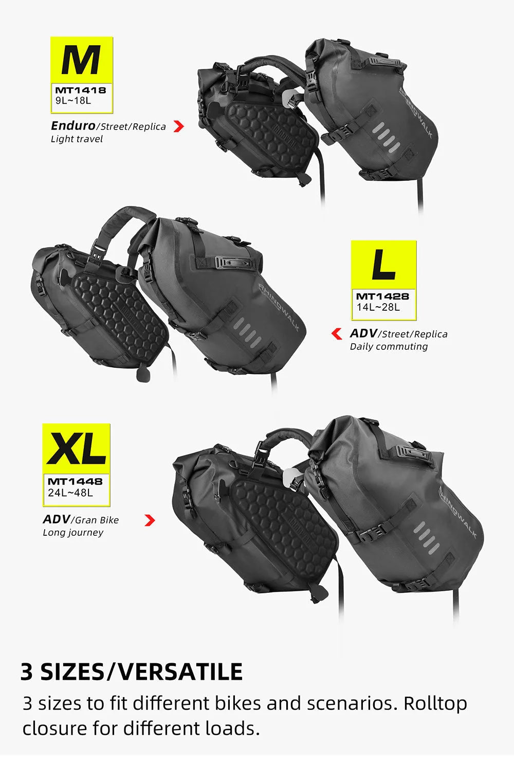 RHINOWALK RACKLESS WATERPROOF PANNIER BAGS – 18L/28L/48L PAIR