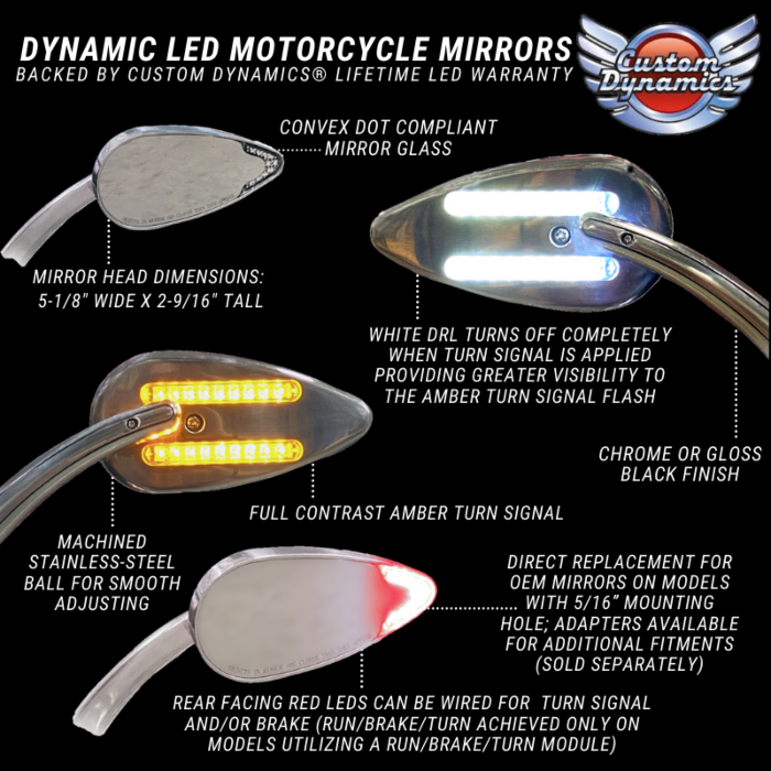 CUSTOM DYNAMICS UNIVERSAL 4-WIRE MOTORCYCLE LED MIRROR WITH RUN/BRAKE/TURN SIGNAL