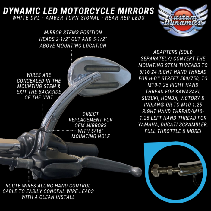CUSTOM DYNAMICS UNIVERSAL 4-WIRE MOTORCYCLE LED MIRROR WITH RUN/BRAKE/TURN SIGNAL