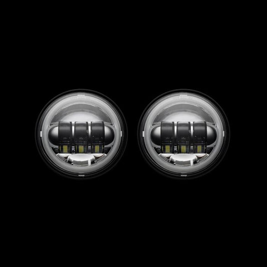 CUSTOM DYNAMICS – 4.5″ MOTORCYCLE LED PASSING LAMPS WITH WHITE HALO – CHROME